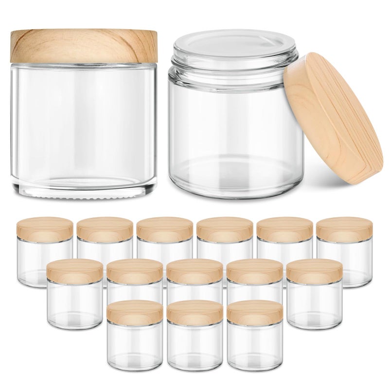 Tecohouse Small Glass Containers with Lids, 4 oz Glass Jars with Plastic Woodgrain Lids & Inner Liners, Reusable Travel Containers for Creams, Makeup, Lotion, Cosmetic - 16 pack - Image 1
